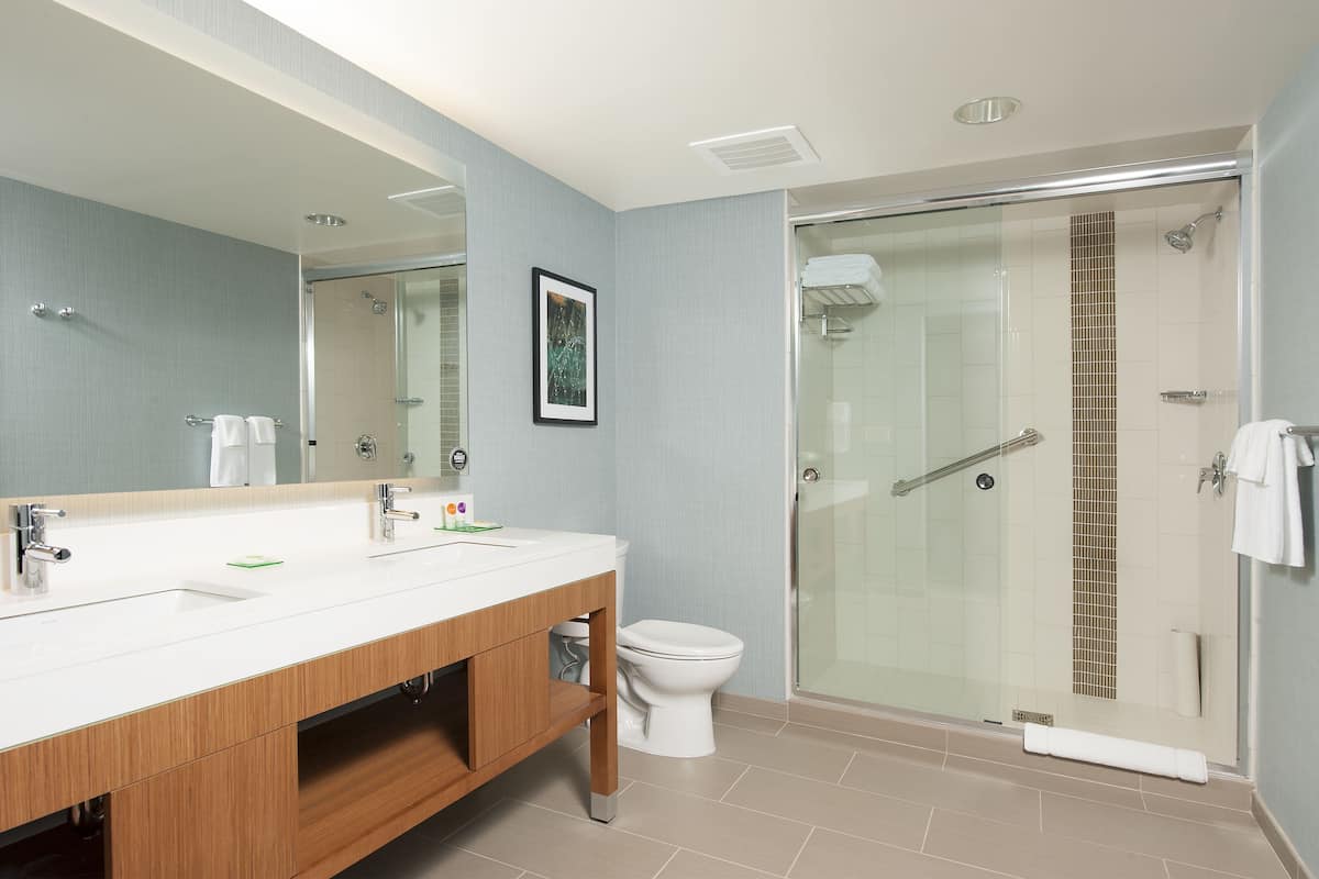 designer toiletries, hair dryer, towels, soap