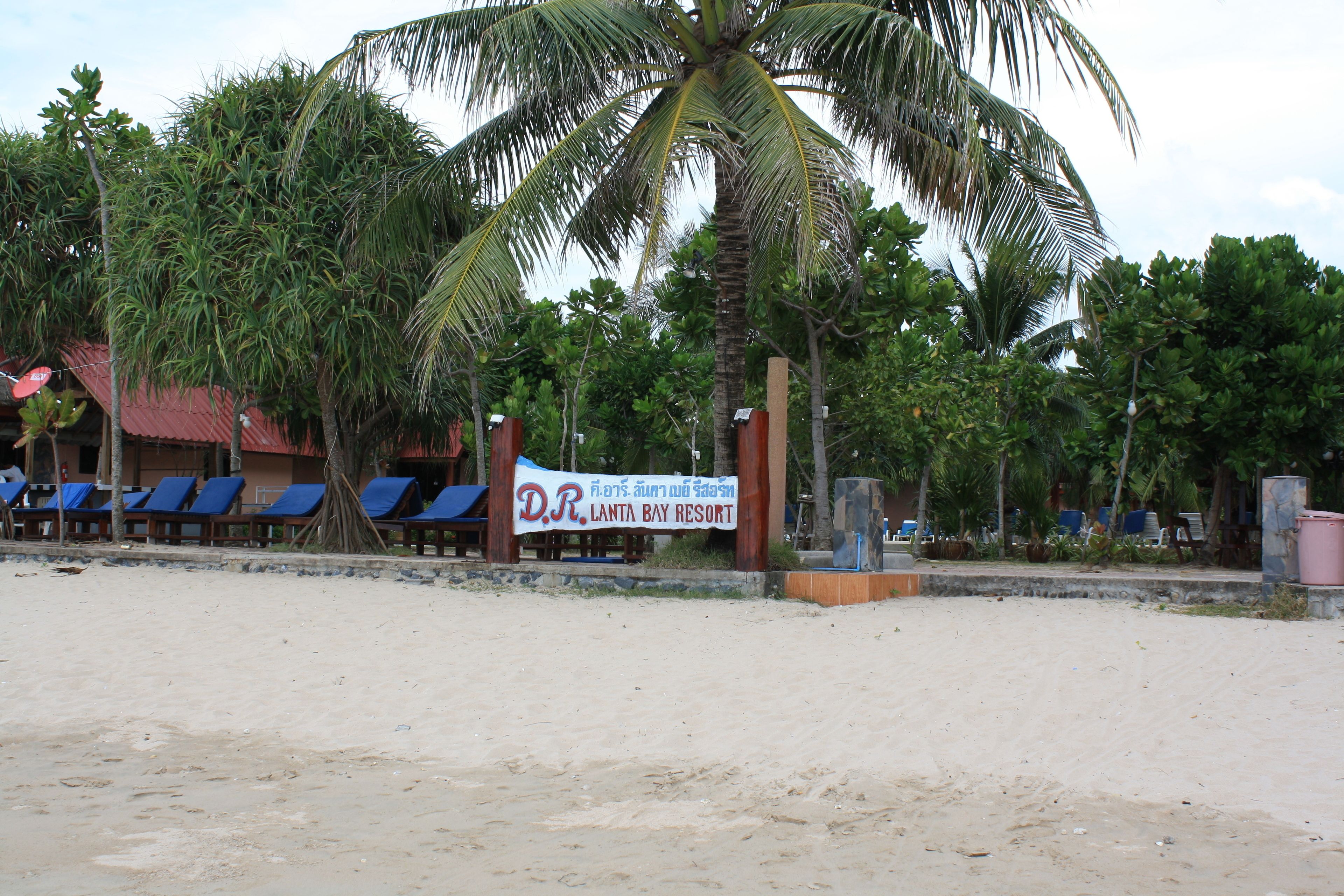 En semesteranläggning vid stranden med en skylt som visar namnet D.R. Lanta Bay Resort, rader av blå solstolar och palmer.