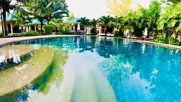 Une piscine aux eaux cristallines, entourée de palmiers et de chaises longues.