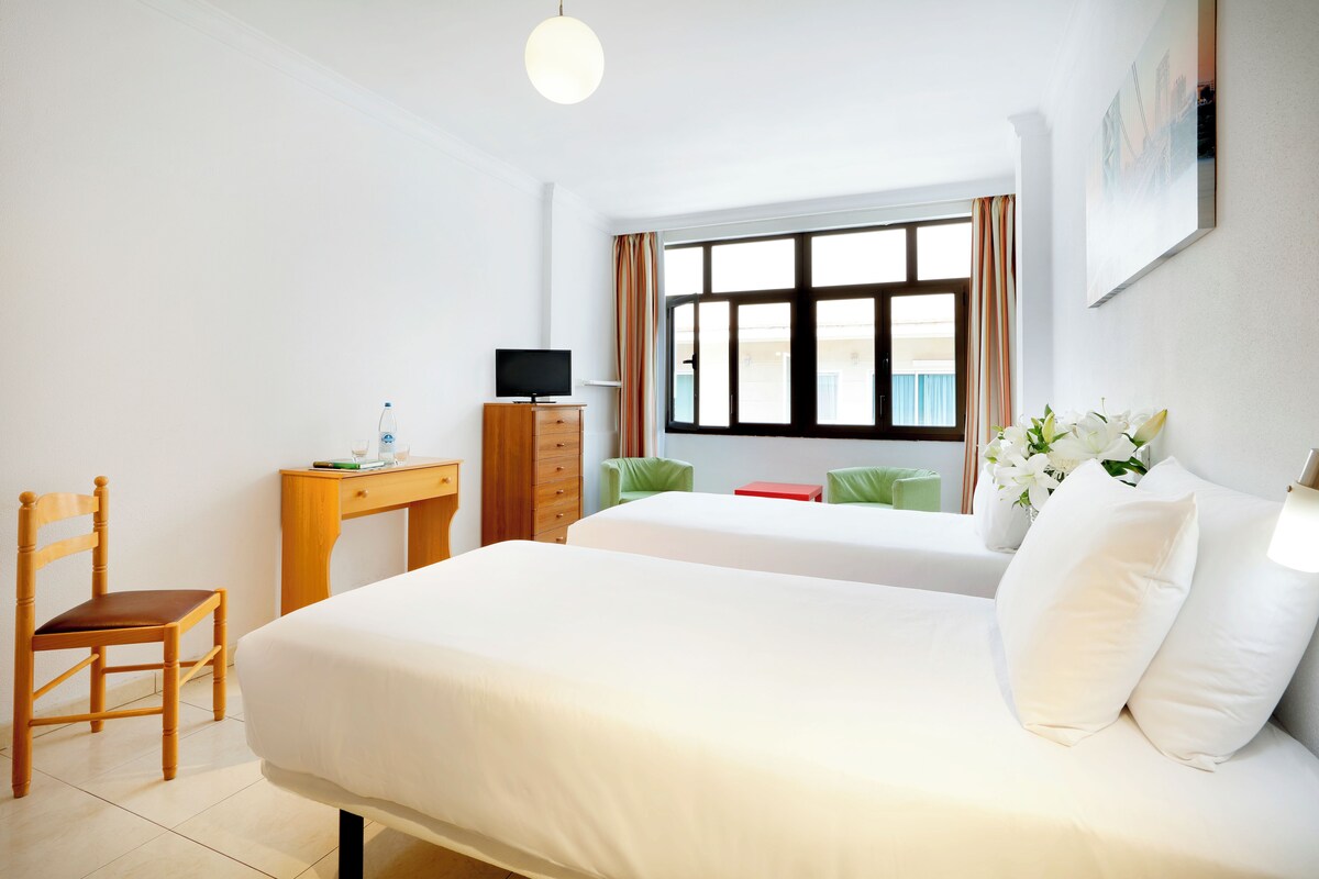 Une chambre d’hôtel avec un lit, un bureau avec une télévision, une chaise et une fenêtre avec des rideaux.