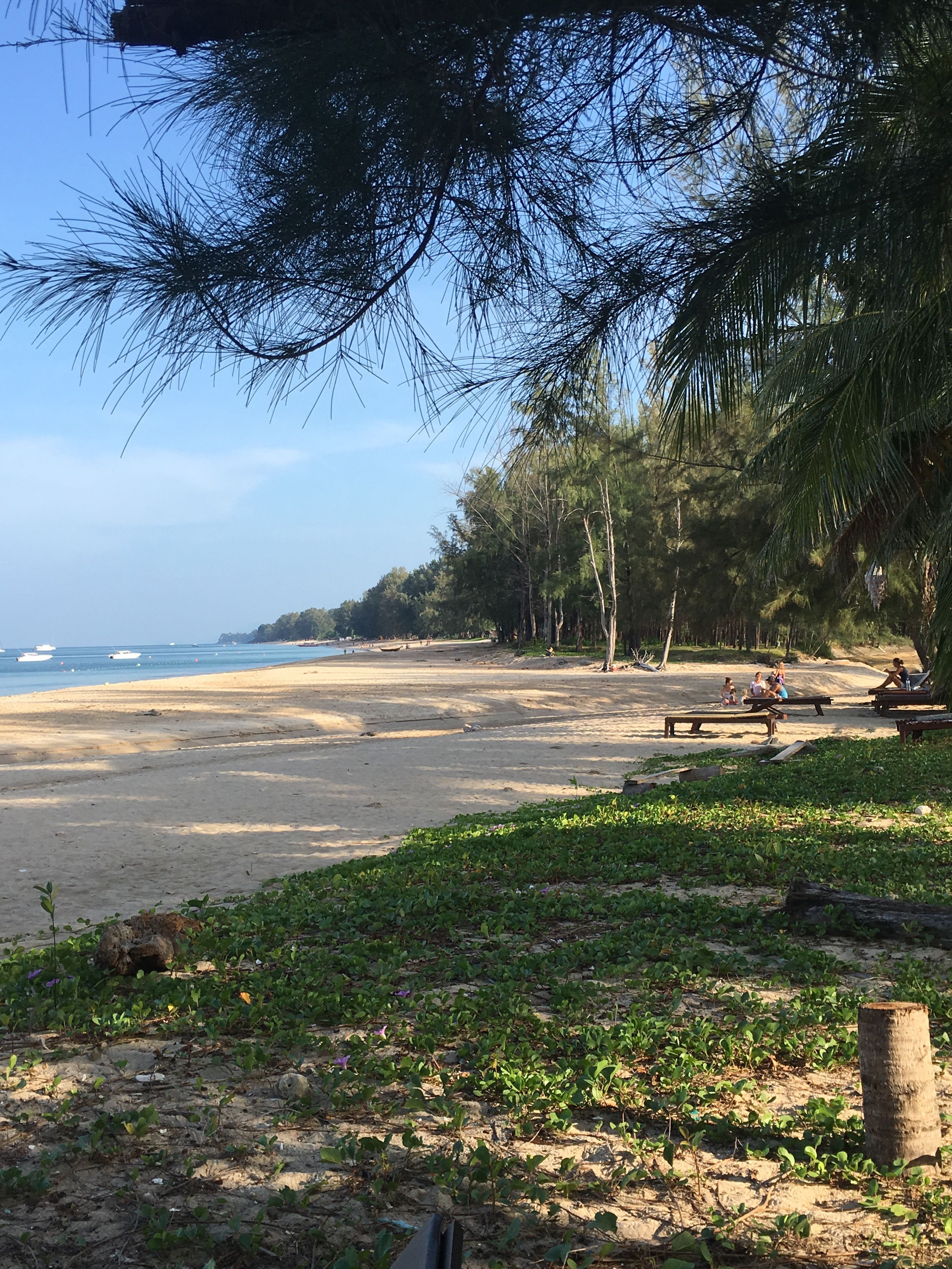 A beach with a sandy shore, a few benches, and people sitting.