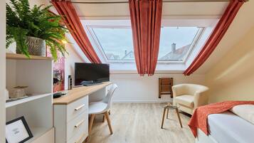 Un dormitorio moderno con tragaluz, un escritorio con computadora, una silla, una cama y una planta en maceta.