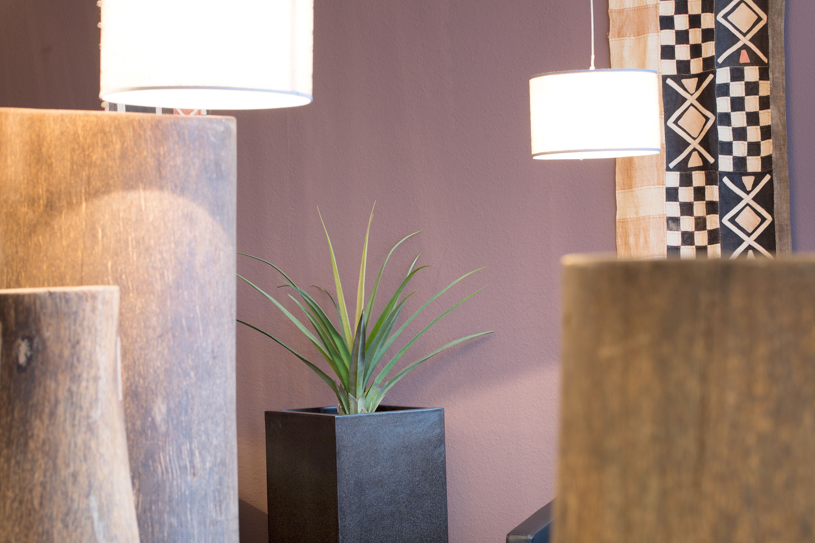 Un interior moderno con una planta en maceta, muebles de madera y decoración de pared estampada.