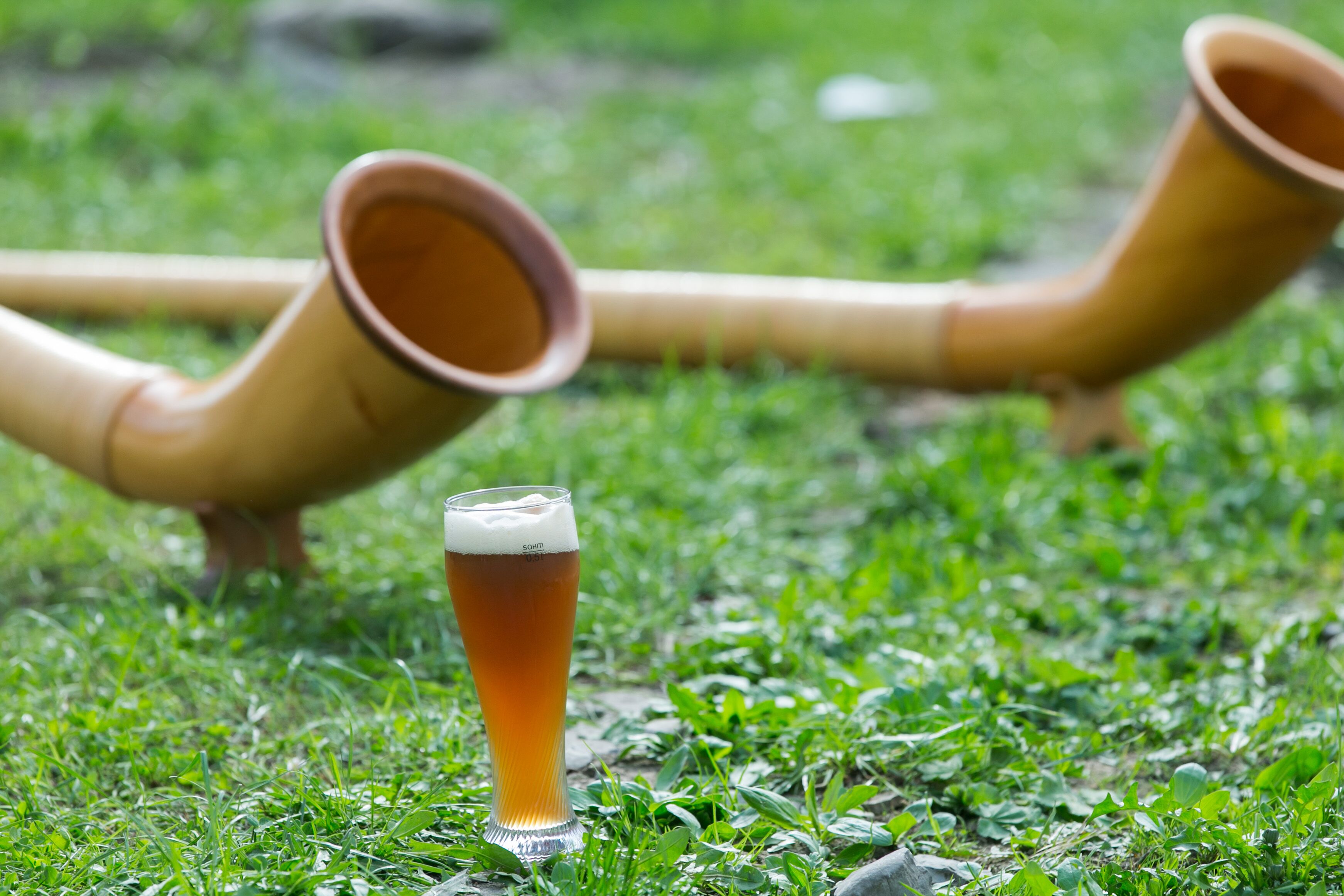 Een glas bier op het gras met twee shakers op de achtergrond.