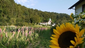 Un paysage rural avec une église, un sentier et un tournesol.