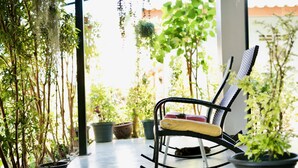 A rocking chair with a cushion, surrounded by potted plants in a bright, sunlit room. - Lom La Lanta Hotel (Ko Lanta)