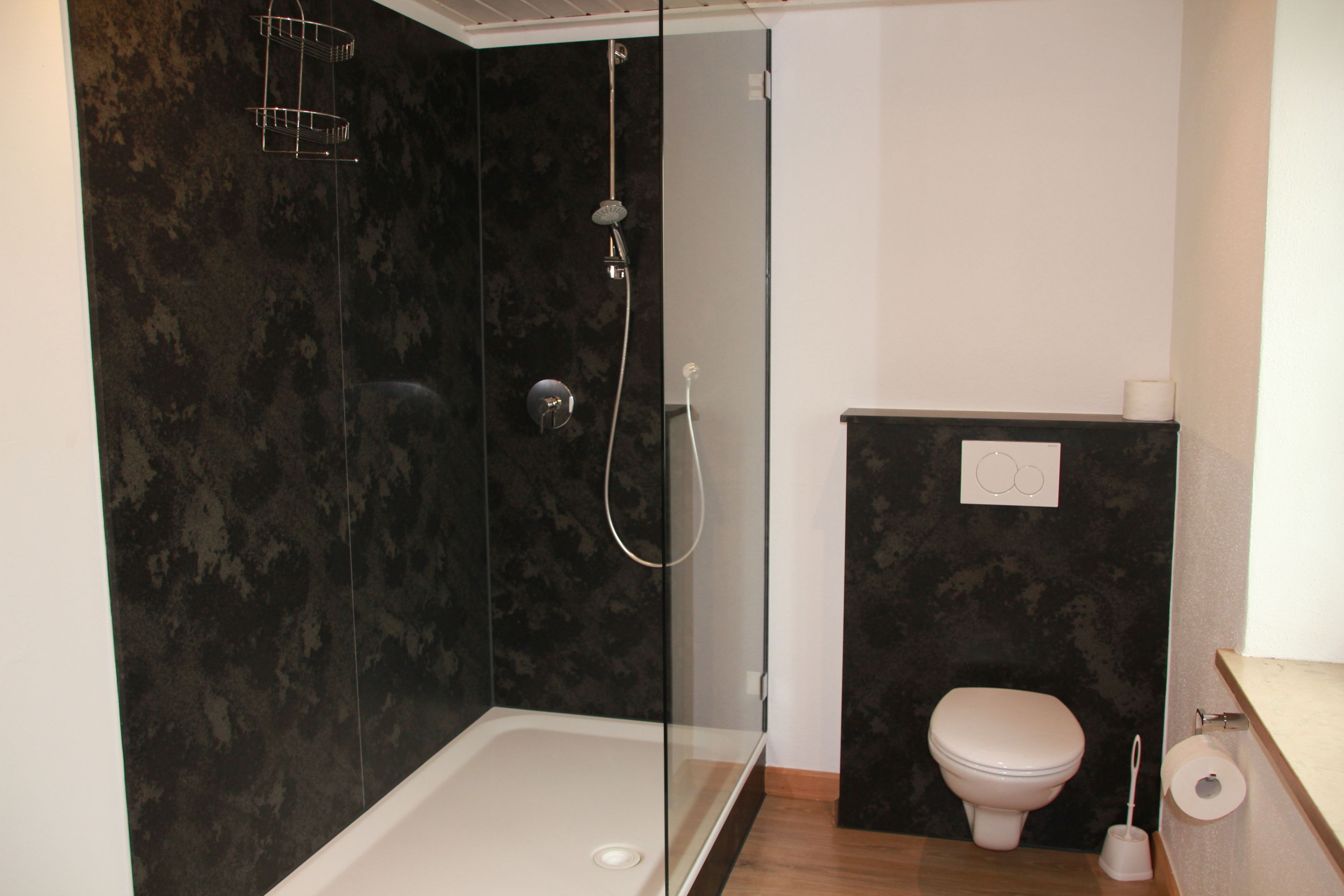 Un baño moderno con ducha de mampara de vidrio, inodoro blanco y salpicadero de mármol.