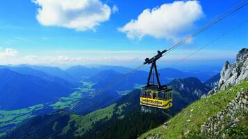 Una funivia con la scritta "Wendelstein" sospesa tramite cavi, che offre una vista su un paesaggio montuoso con valli e boschi.