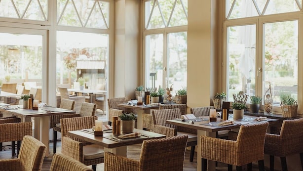 A spacious outdoor dining area with wicker furniture and potted plants.