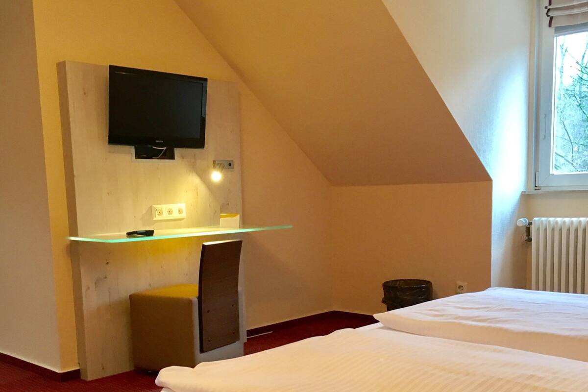 Una habitación con dos camas, un televisor fijado en la pared, una mesita y una ventana con vista a árboles.