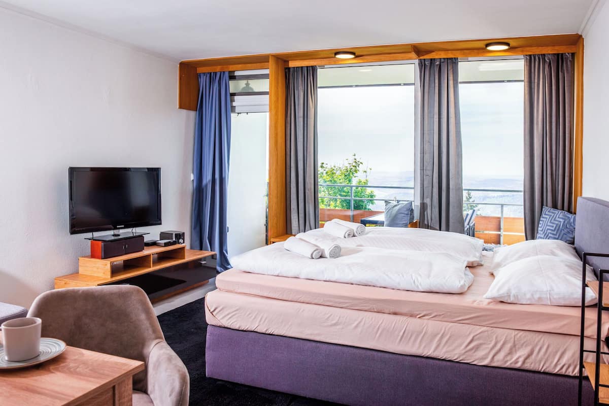 A hotel room with a bed, a TV, a desk, and a balcony with a view.
