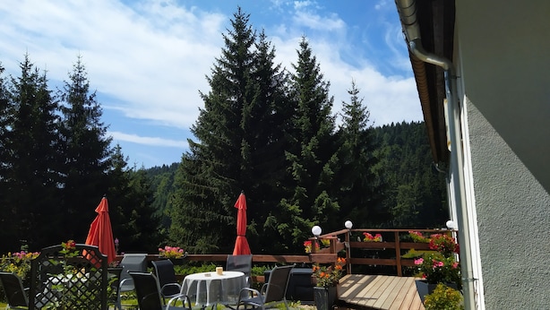 An outdoor patio with tables and chairs, surrounded by tall trees and a wooden deck. - Greizer Kammhütte Gaststätte & Pension (Klingenthal)