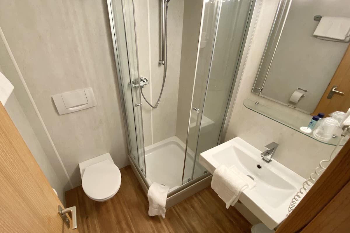 standard single room | bathroom | shower, hair dryer, towels