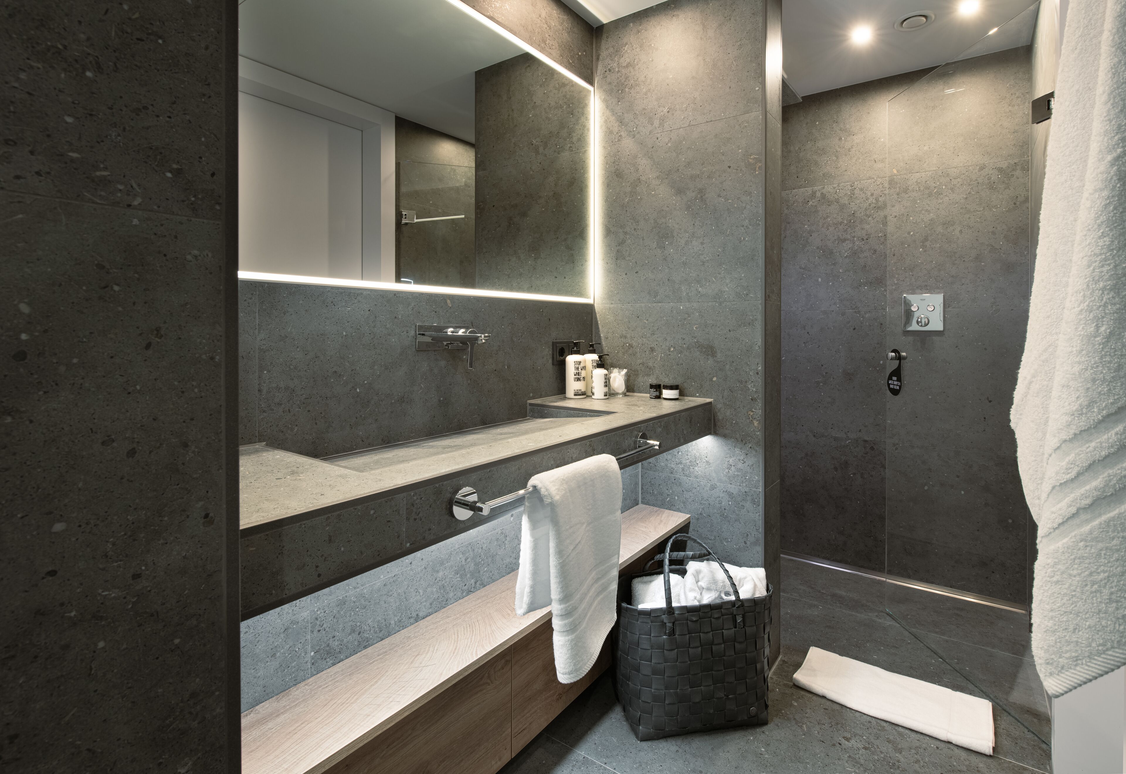design double room | bathroom | rainfall showerhead, eco-friendly toiletries, hair dryer, bathrobes