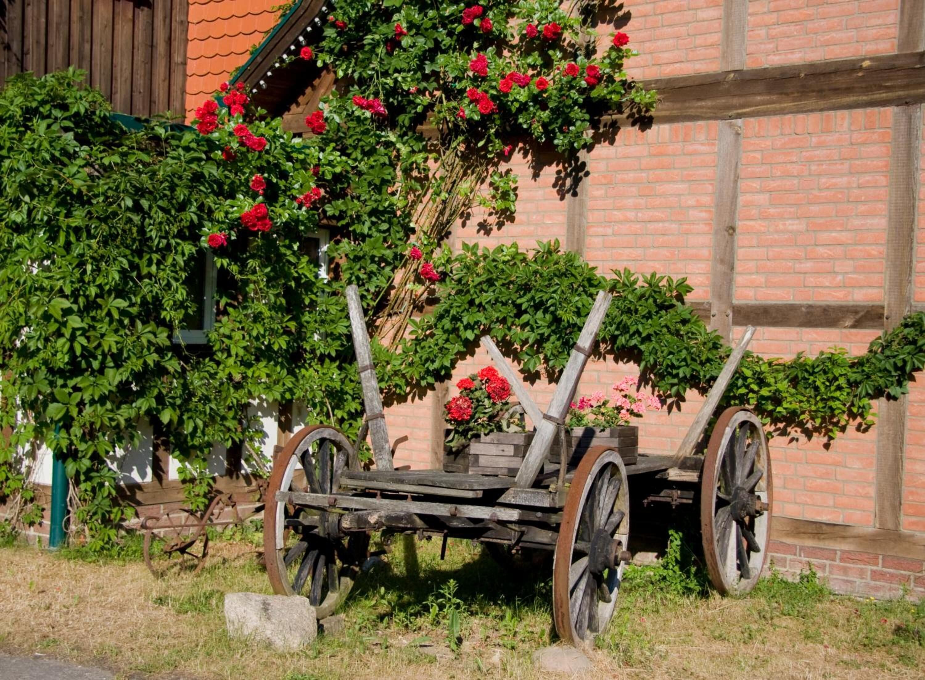 Ein rustikaler Holzwagen auf Rädern, vor einem Backsteinhaus mit Holzpforte und einem Baum mit roten Blüten.