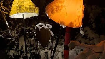 Two lamps with frosted covers, one yellow and one orange, set against a snowy background.