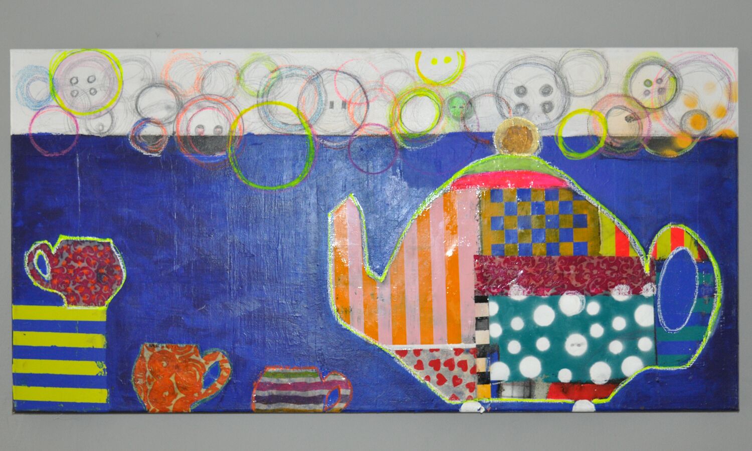 A colorful abstract painting with a blue background and various shapes and patterns.