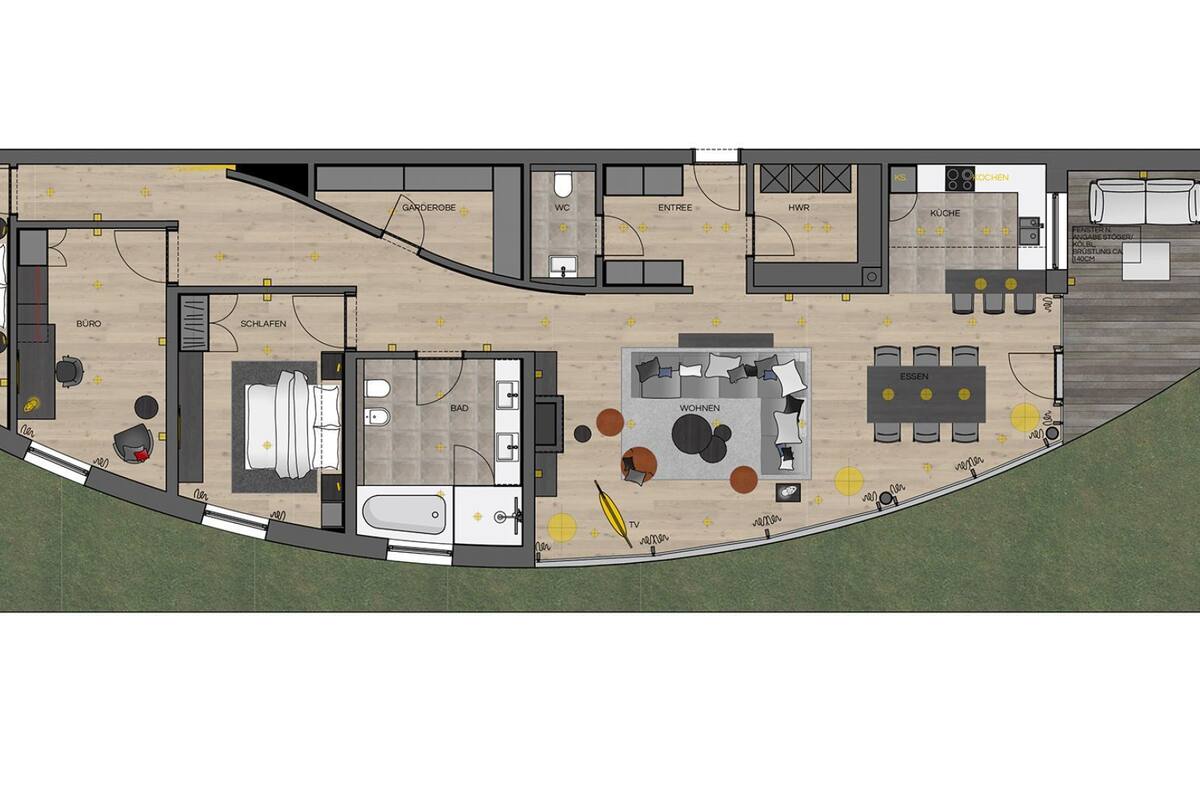 Un plan d’étage d’un hôtel comprenant des chambres séparées pour les clients, une cuisine, un coin repas, une salle de bain et un espace de vie.