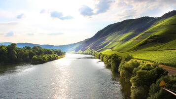 A river winding through a hilly landscape with lush greenery and a road running alongside.