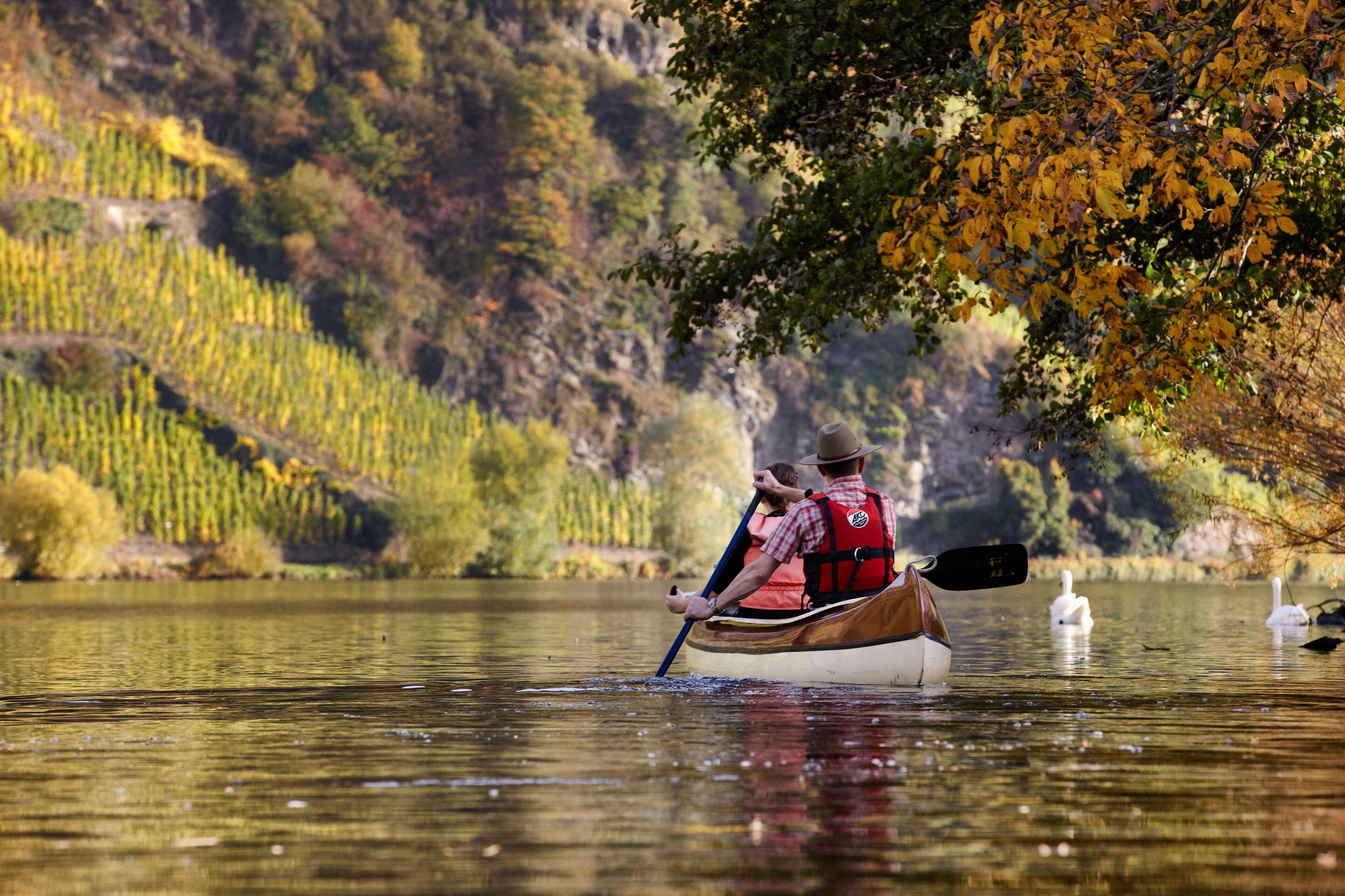 A canoe on a calm river with a mountainous backdrop.