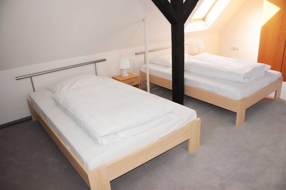 A bedroom with two beds, a skylight, and a nightstand with a lamp.