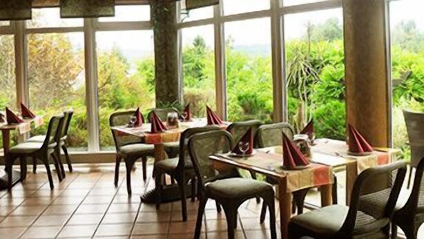 A restaurant with tables and chairs arranged indoors, large windows offering a view of greenery outside. - Landhotel Peters (Wustrow)