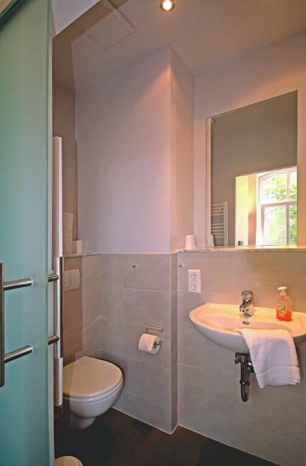 Un baño con inodoro, lavabo y espejo.