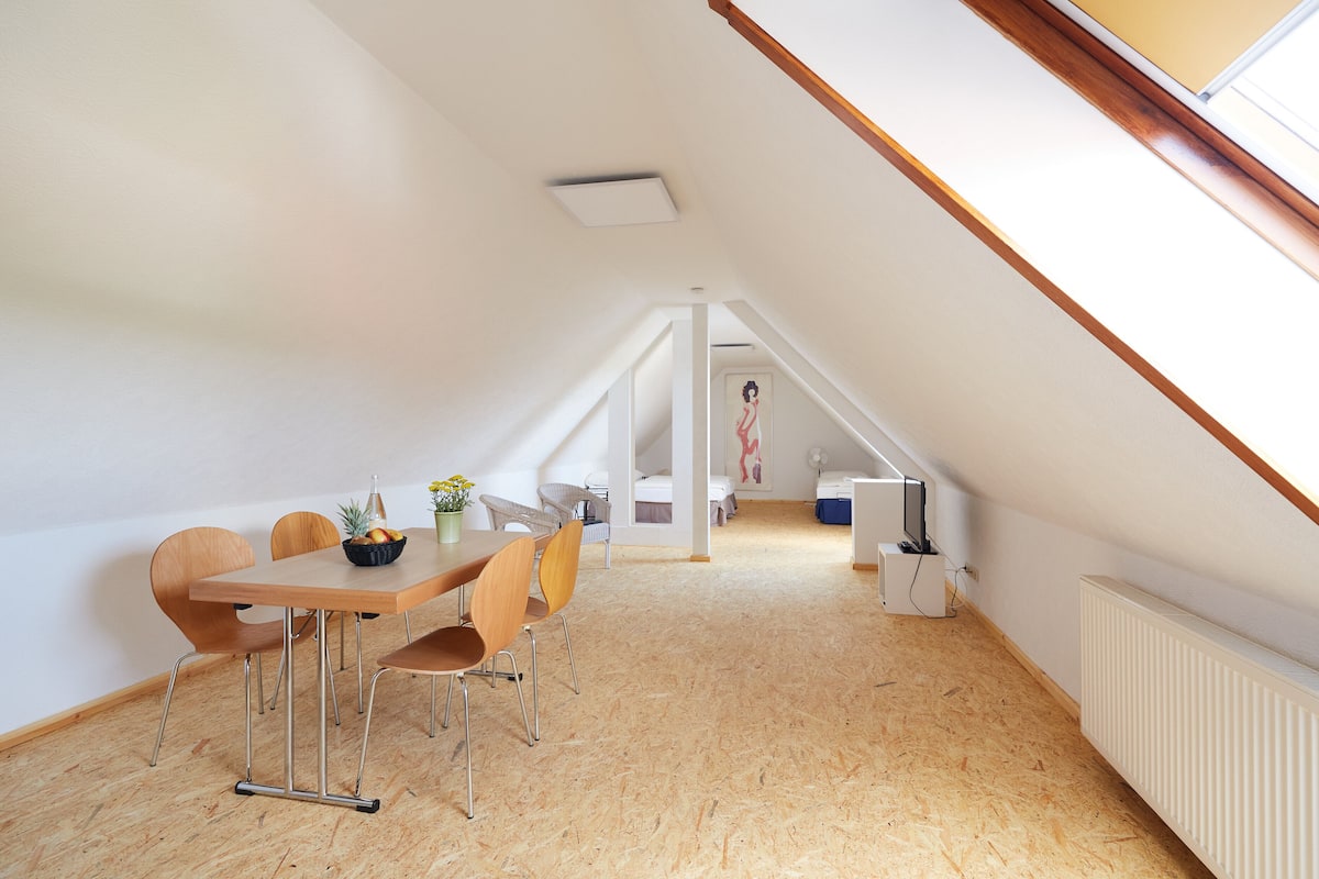 A modern, open-plan room with a sloped ceiling, a dining area with a table and chairs, and a view of a bedroom with a bed and a dresser.
