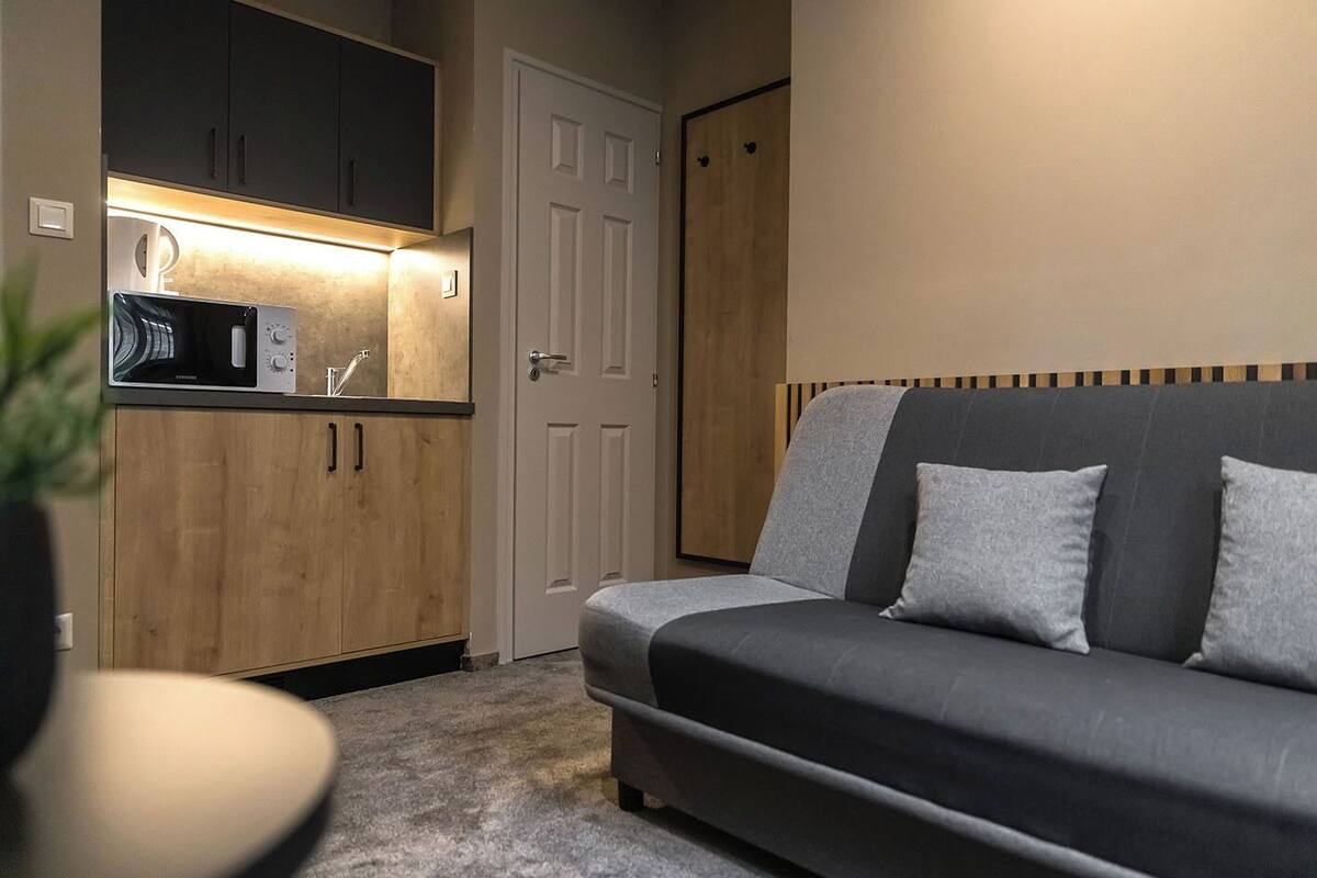 A compact living space with a kitchenette, a grey sofa with pillows, and a door leading to another room.