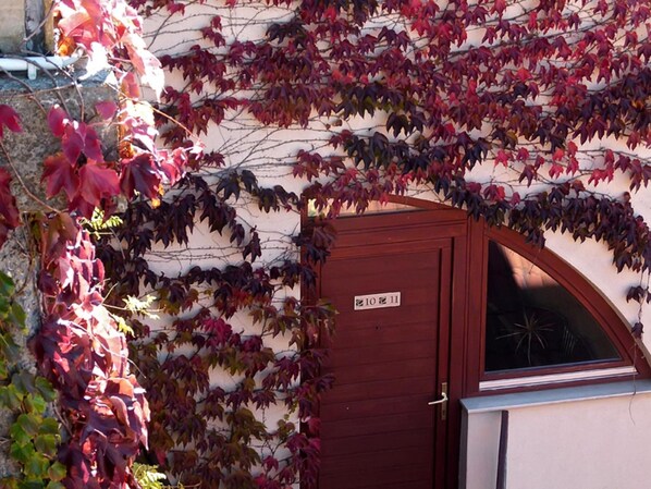 A building with a red door and a window, surrounded by red and purple ivy.