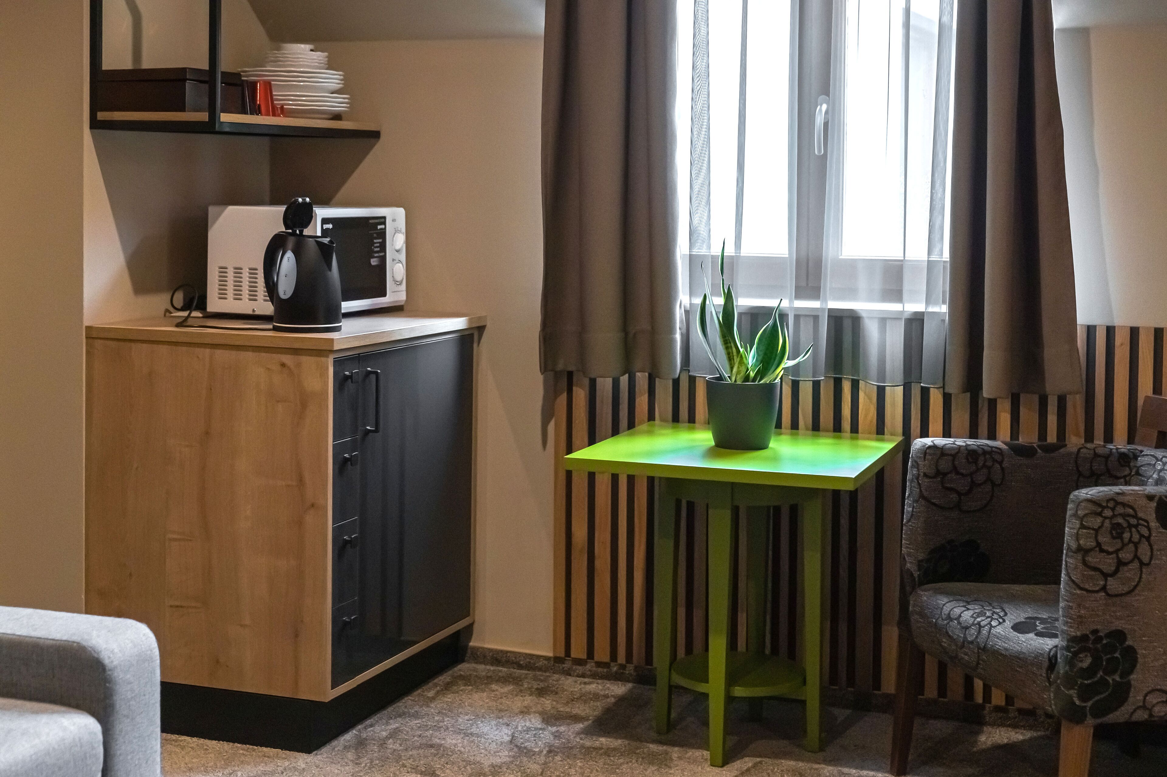 A compact living space with a kitchenette, a green table with a potted plant, and a patterned chair.