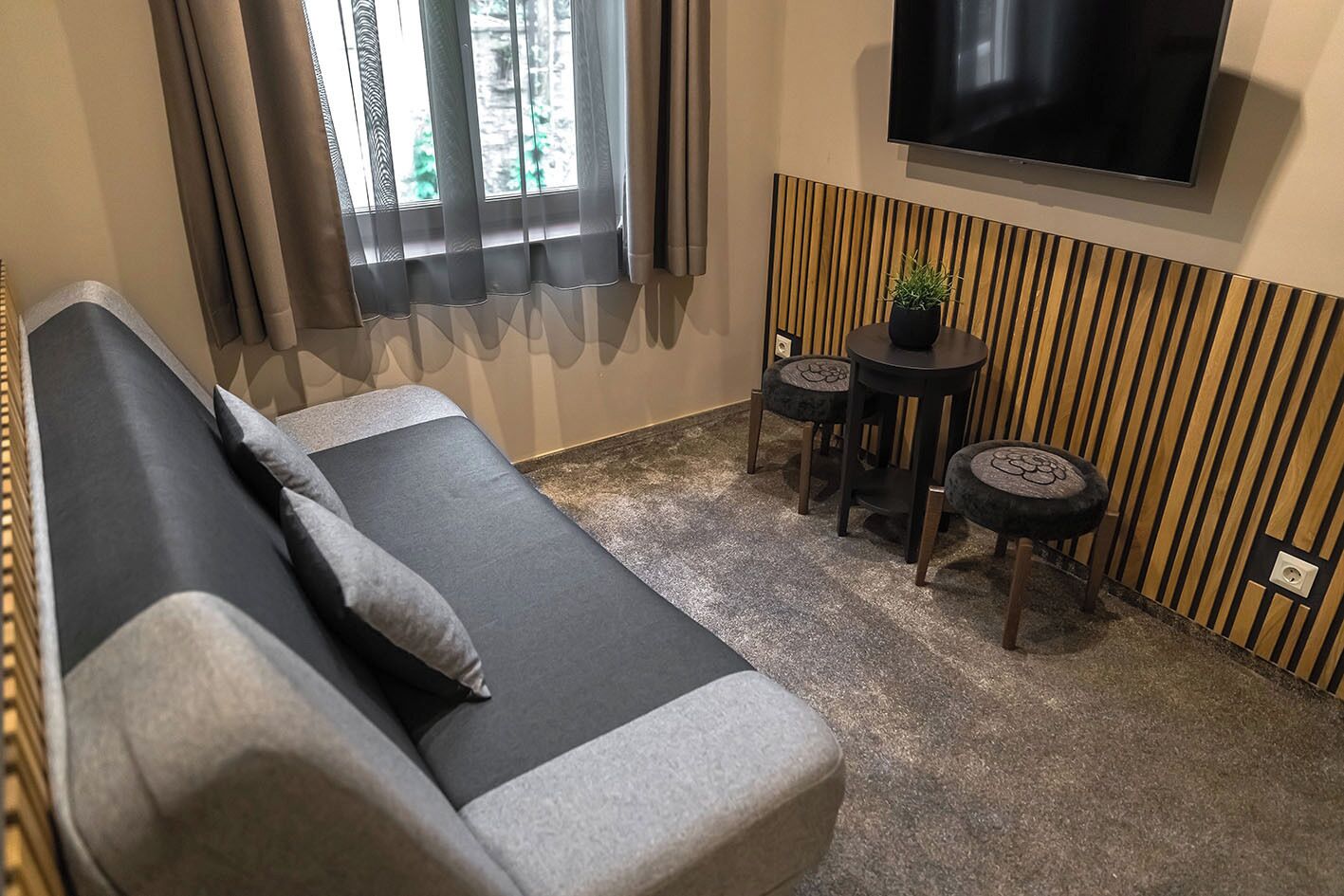 Un salón moderno con un sofá, dos mesitas redondas, una planta en maceta y un televisor montado en la pared.