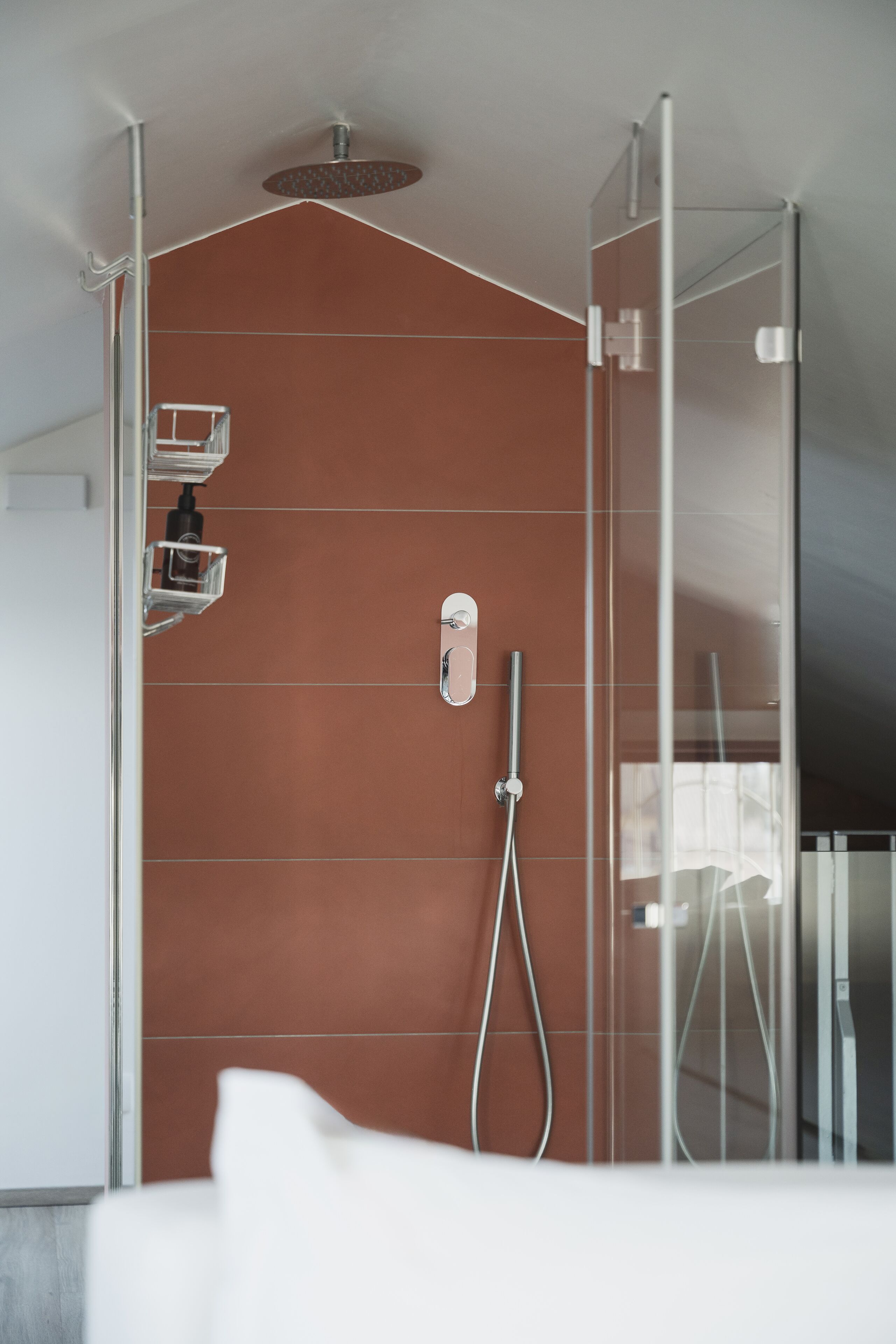 A modern shower enclosure with a glass door, a handheld showerhead, and a wall-mounted control panel.