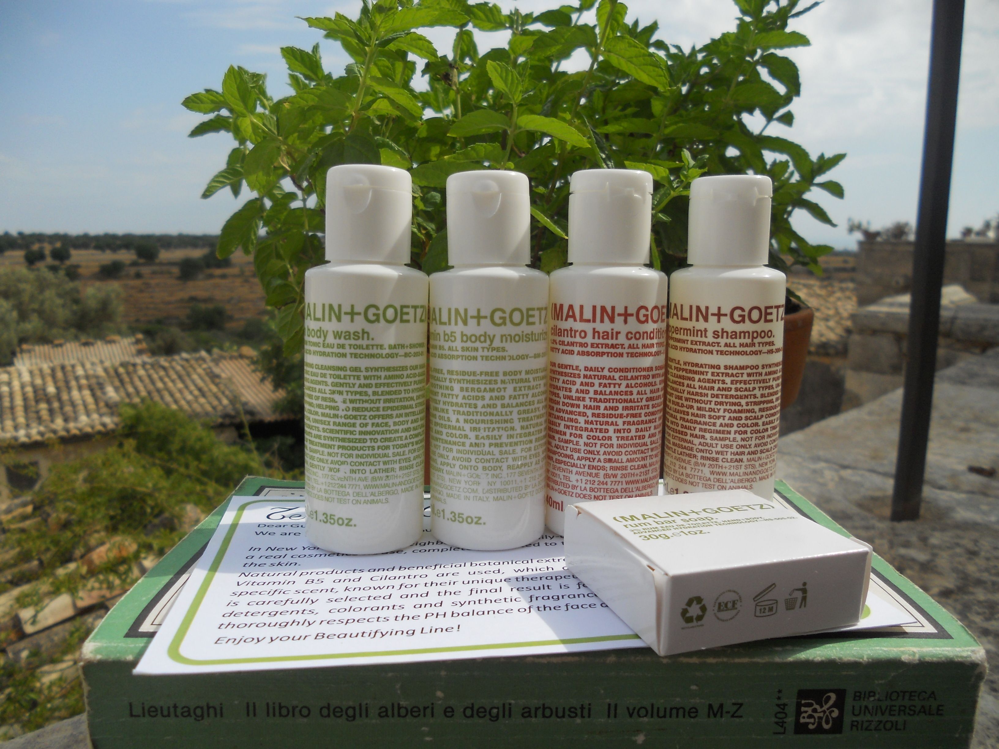 Cuatro botellas de jabón corporal y champú MALIN+GOETZ, y una caja sobre una mesa con vistas a un paisaje rural al fondo.