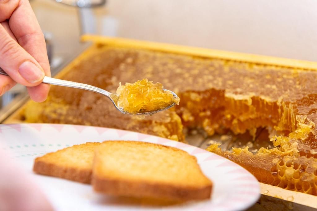 Eine Hand hält einen Löffel mit Bienenhonig, ein Wabenrahmen und ein Teller mit Toast sind im Hintergrund zu sehen.