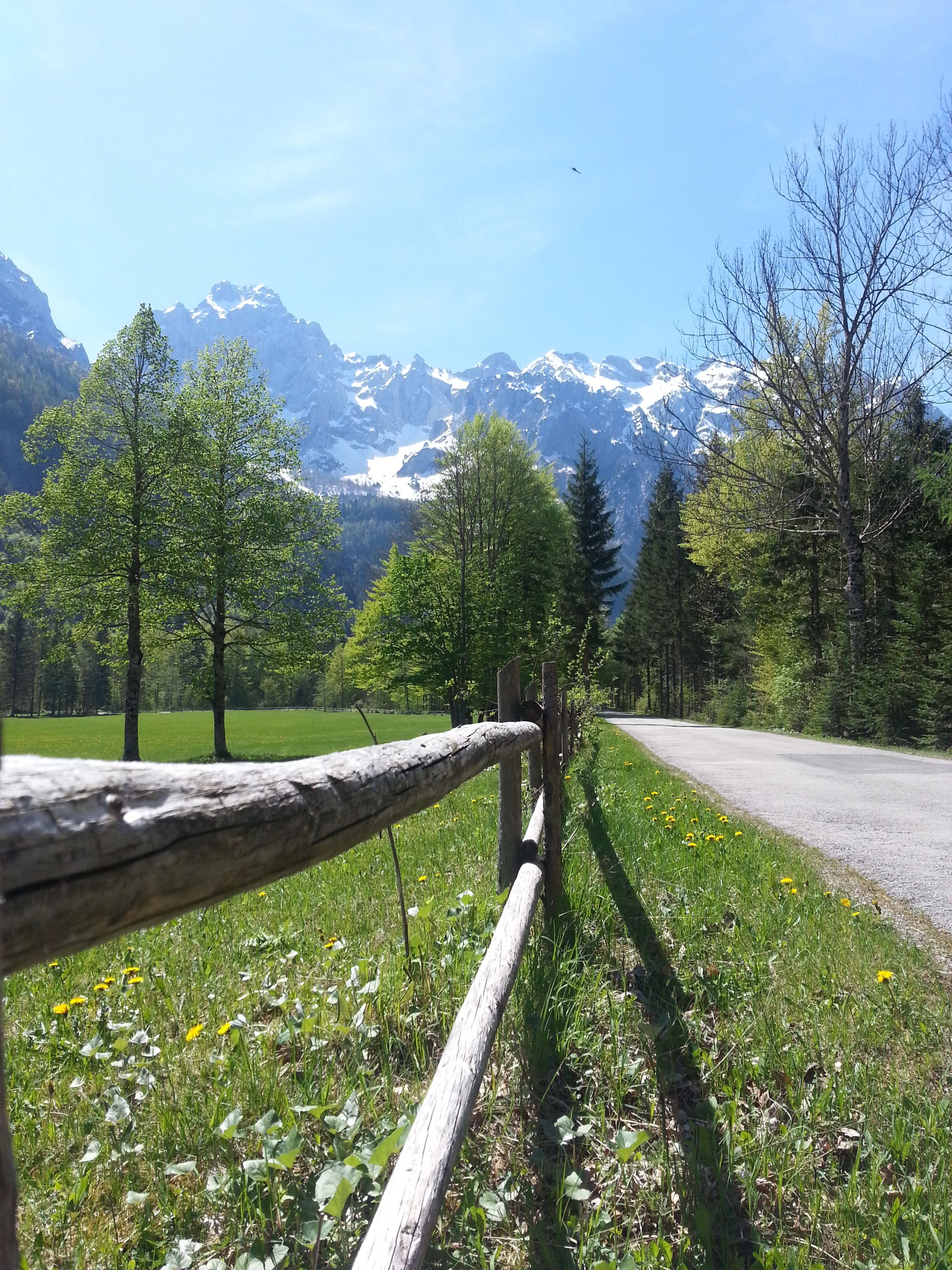 Une route de campagne bordée d’une clôture en bois, avec une chaîne de montagnes en arrière-plan.