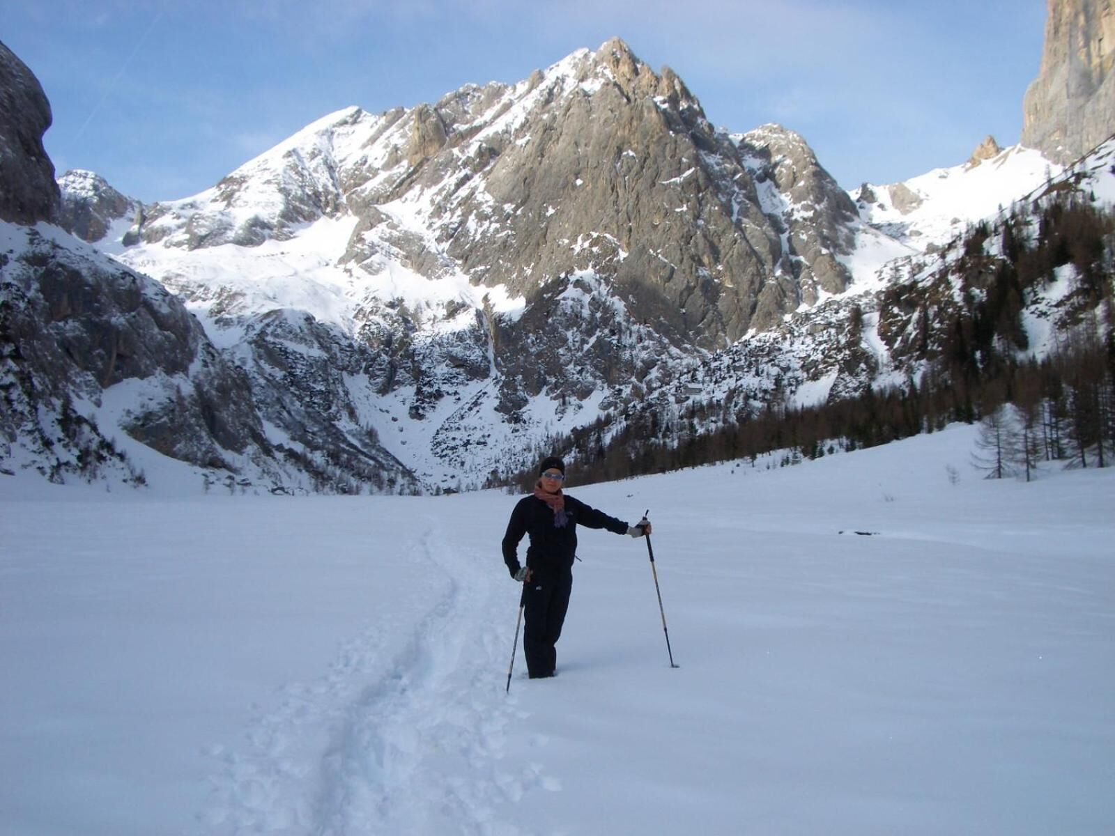 A person cross-country skiing in a snowy landscape with mountains in the background.