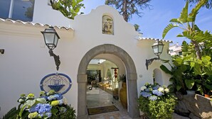 An entrance with a decorative archway, a tiled pathway, and potted plants. - Central Park Hotel Terme (Ischia)