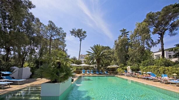 A clear swimming pool with lounge chairs and umbrellas, surrounded by trees and a building in the background. - Central Park Hotel Terme (Ischia)