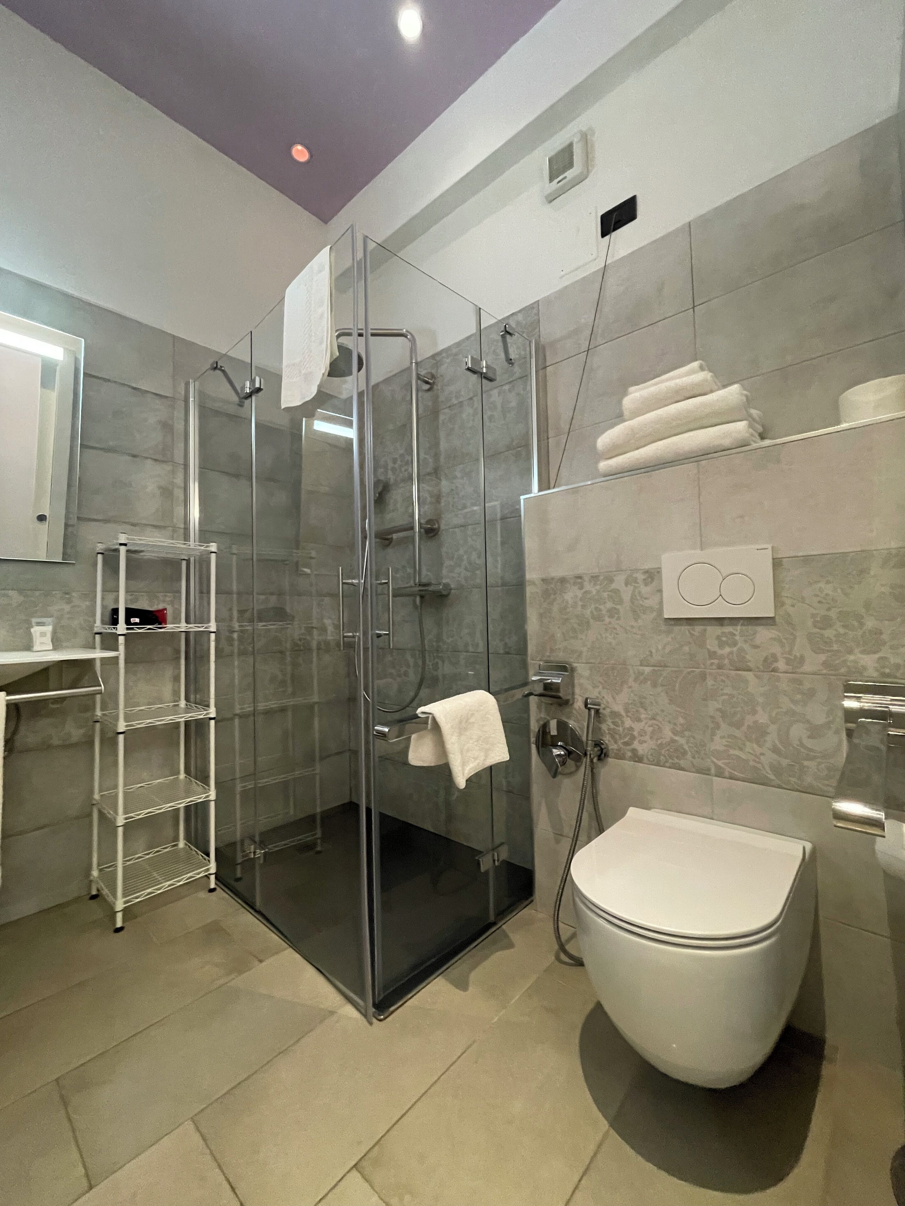 Un baño moderno con cabina de ducha de vidrio, inodoro blanco y estantería metálica.