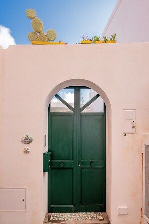 A green door with a white archway, a small plant on the wall, and a tiled entrance mat. - Hotel Villa Sirena (Serrara Fontana)
