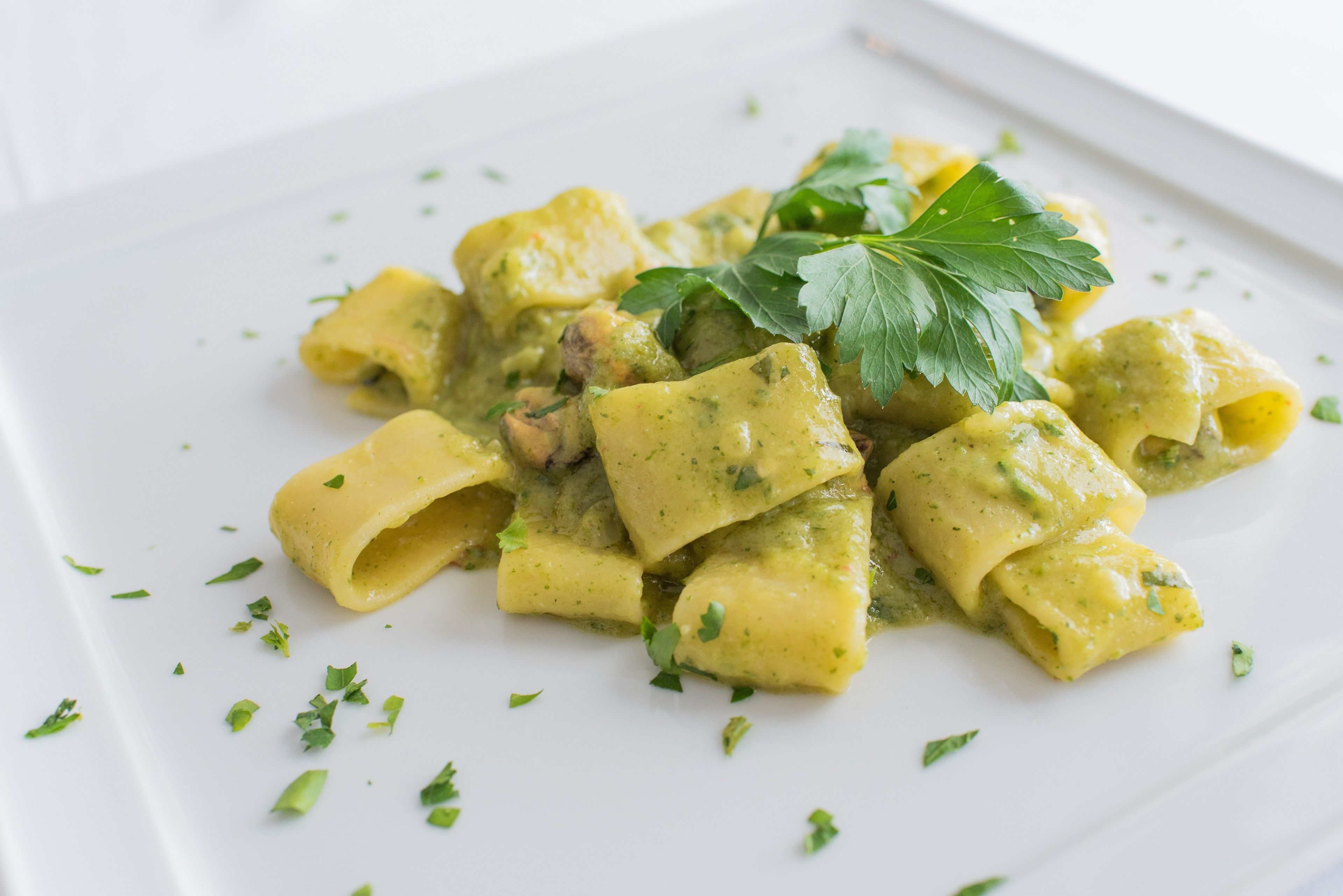 A plate of pasta with a green sauce and parsley garnish.