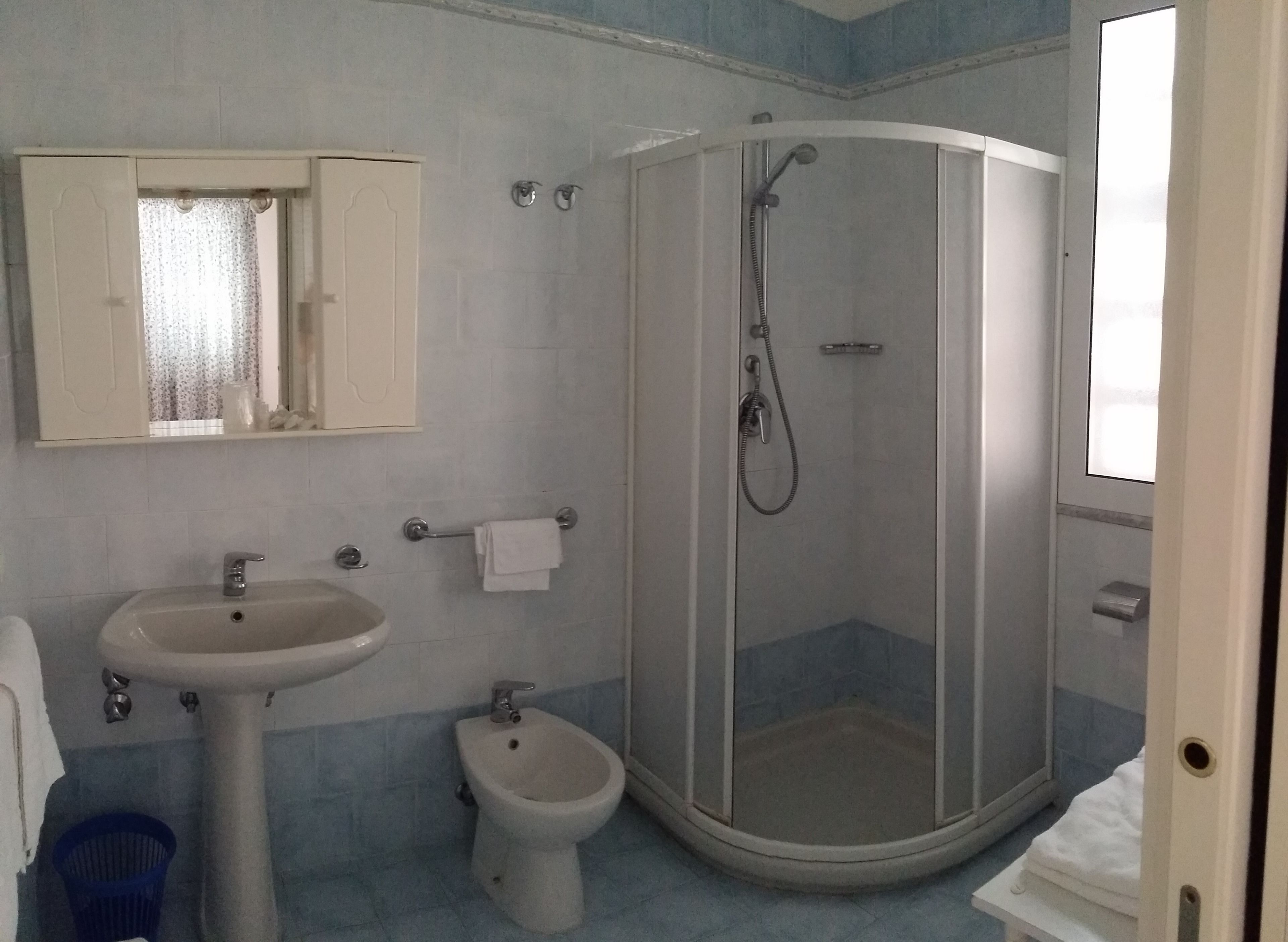 Un baño con lavamanos, bidé y ducha.
