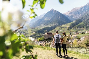 A couple standing on a hill overlooking a valley with mountains in the background. - Hotel Hohenwart (Schenna)