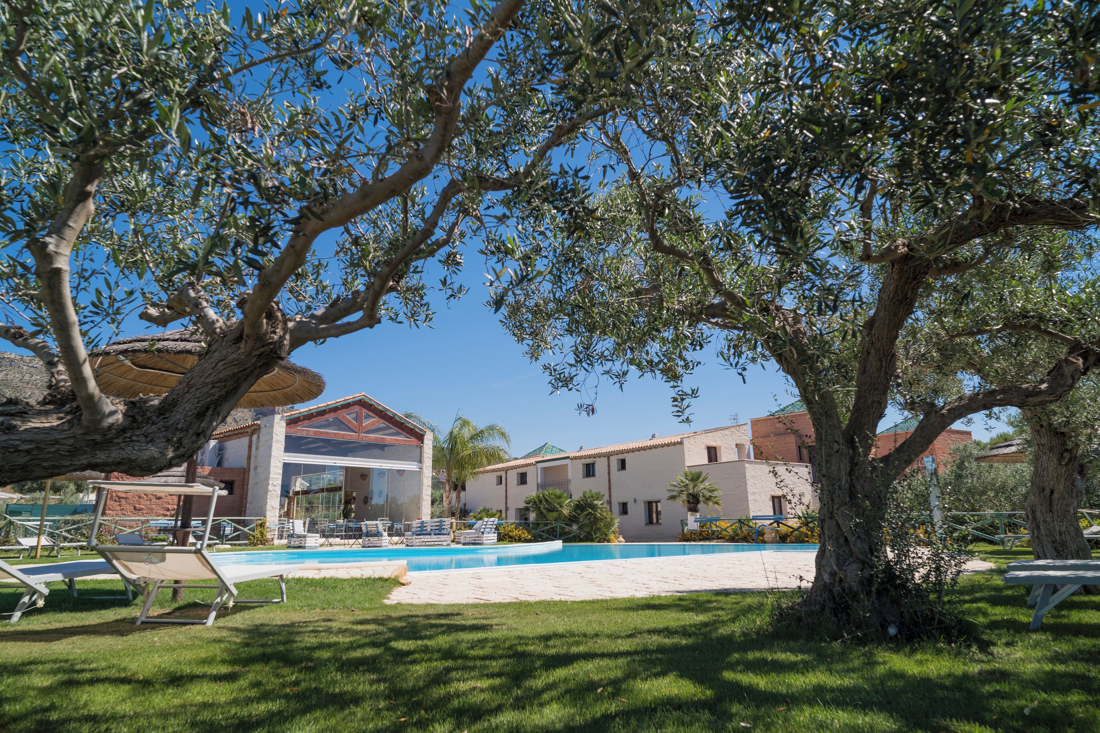 A pool area with lounge chairs, a building with a red roof, and a large tree in the foreground.