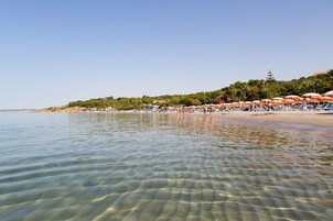 Beach nearby, white sand, beach umbrellas, 2 beach bars