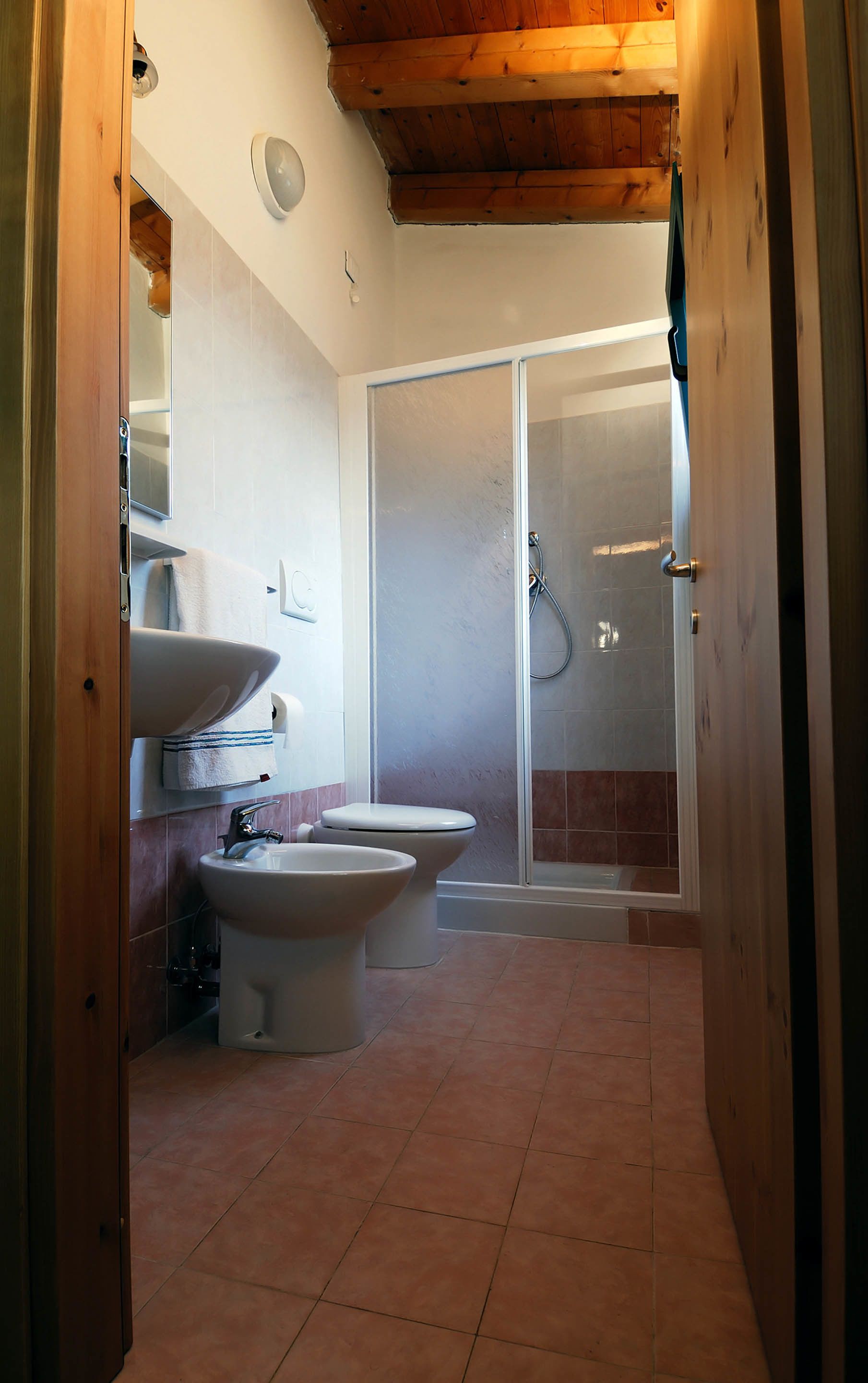 Baño con dos inodoros, un lavamanos y zona de ducha.
