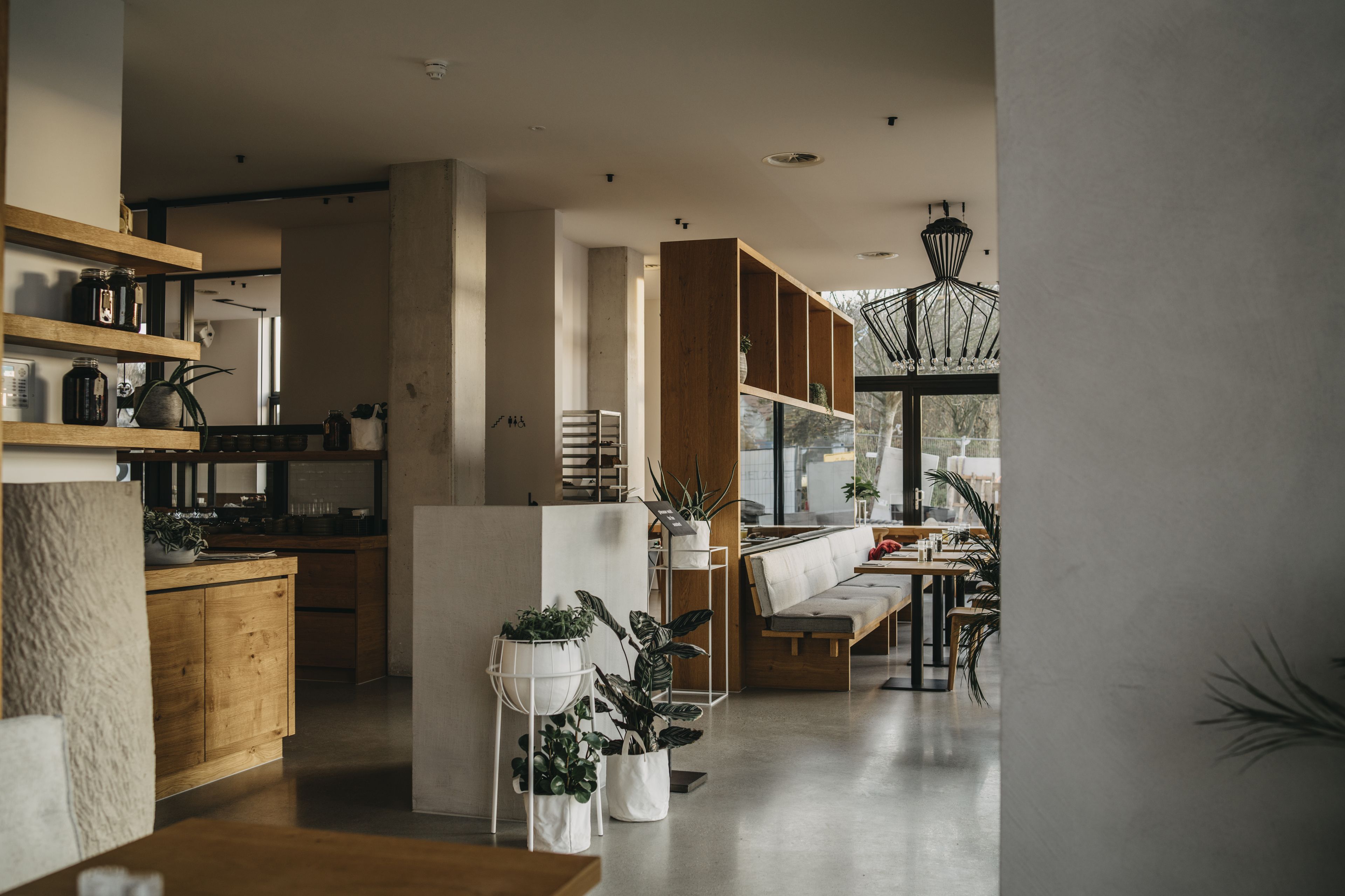 A modern kitchen with wooden shelves, a dining area with a bench, and potted plants.