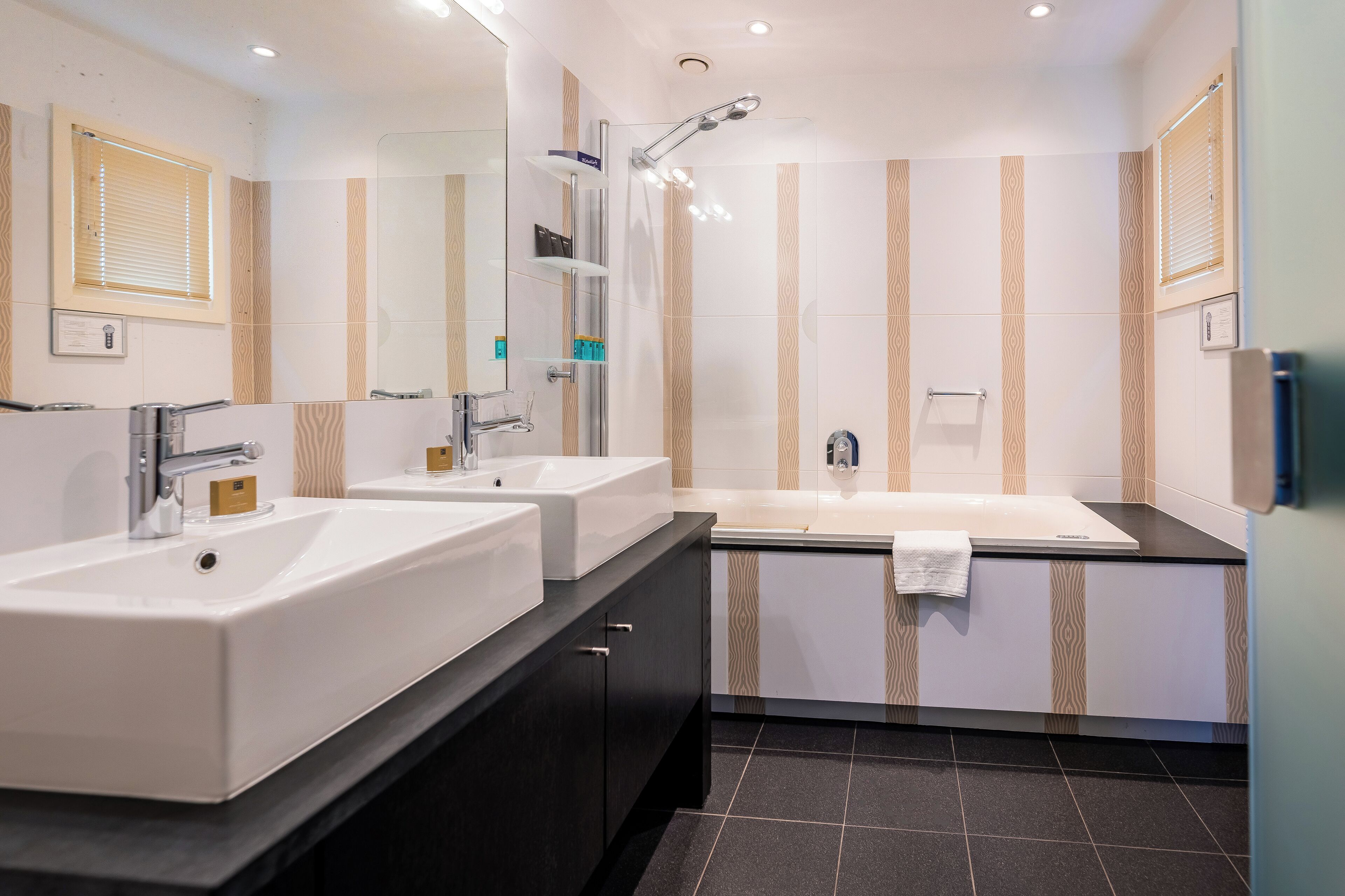 hair dryer, towels, soap, shampoo