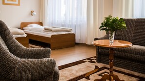 A cozy hotel room with a bed, two armchairs, a small table with a plant, and a window with sheer curtains. - Hotel EUROPA (Jelenia Gora)